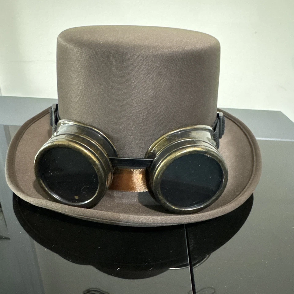 Halloween Costume Cosplay Brown Steampunk Felt Hat With Goggles Adult Size - Image 2 of 4
