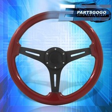 Universal 350mm 14inch Red Wood Black Deep Dish Steering Wheel 6 Bolts Button