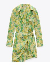 BNWT Zara Summer Wrap Crossover satin green yellow paisley floral Dress M medium