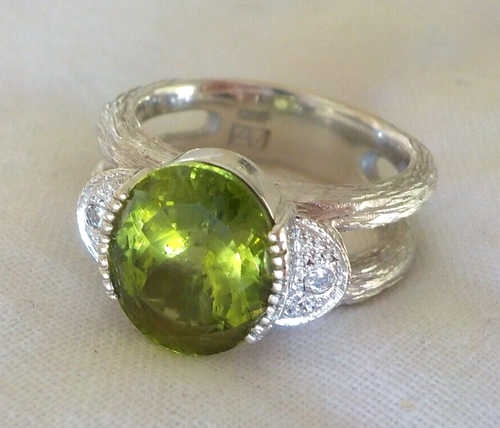 Anillo de diamantes de peridoto de caña dividida de bambú de oro blanco de 18k -10,34 gms, talla 6,5, 3,88 quilates - Imagen 11 de 12