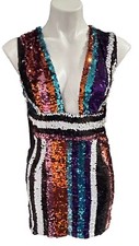 Nasty Gal 6 Colorful Sequined Sleeveless Deep Plunge Sexy Party New Year Dress