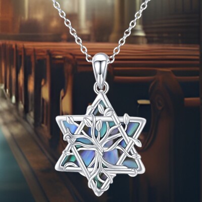 925 Sterling Silver Tree of Life Star of David Necklace with Abalone Shell Penda