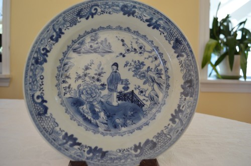 1800s Chinese Antique Blue & White Plate, Lady in Garden, Mid-Qing Period