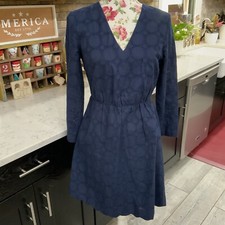 J. Crew Dress Size 2 Fit & Flare V-Neck Eyelet Navy Blue Long Sleeve Lined H8471