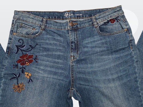 Style & Co. Women's Medium Wash Blue Slim Leg Embroidered Stretch Jeans Size 16 - Picture 7 of 20