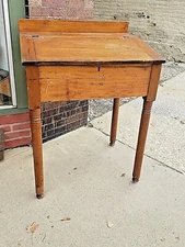 Antique Primitive railroad map maker store slat top pine desk with compartment