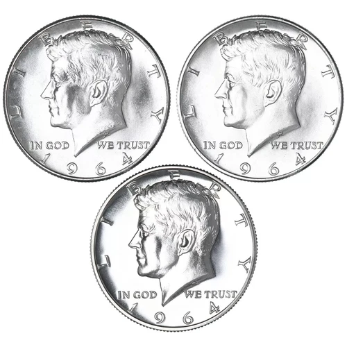 1964 P D Proof - Proof and 2 Uncirculated Kennedy Half Dollar 3 Coin Set 90%