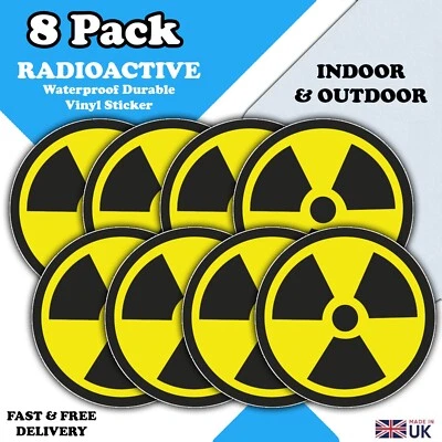 MORE THIS WAY 8-Pack - Radioactive Radiation Hazard Nuclear Vinyl Stickers - 50mm - Decals