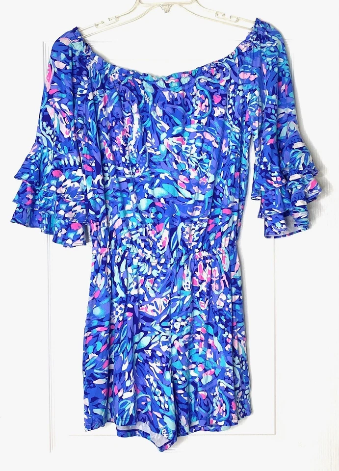 Mono mameluco LILLY PULITZER púrpura azul ondulado cala fuera del hombro M = 8/10 Foto 2 de 4