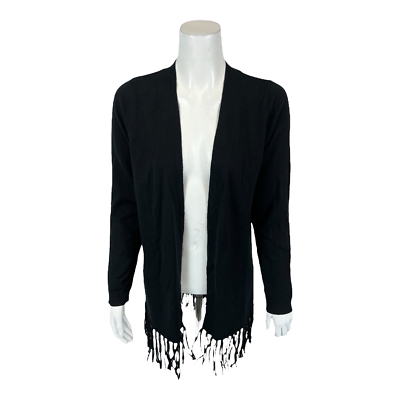 Denim Long-Sleeves Cardigan Sweater with Fringe Detail Black