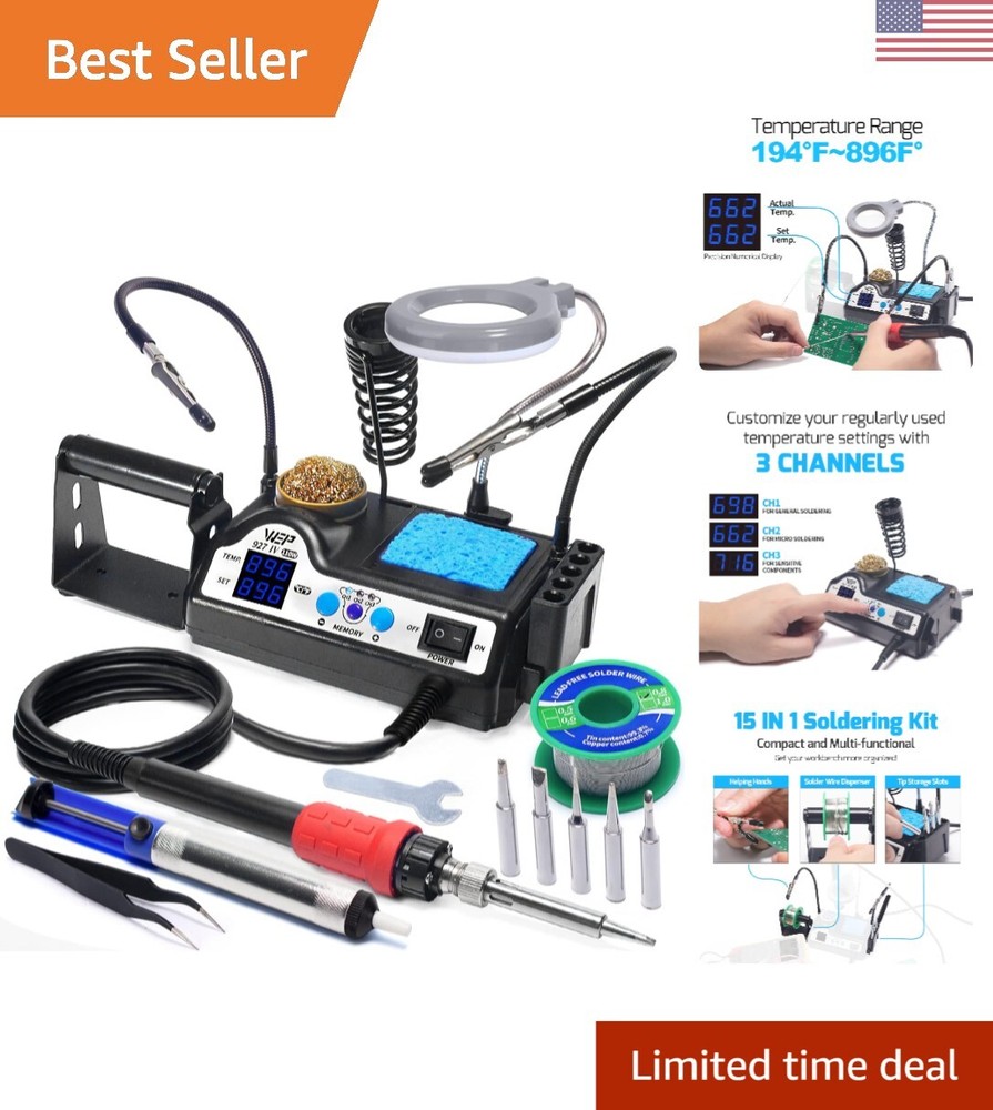 High-Power 110W Soldering Station Kit with 3 Preset Channels and LED Magnifier