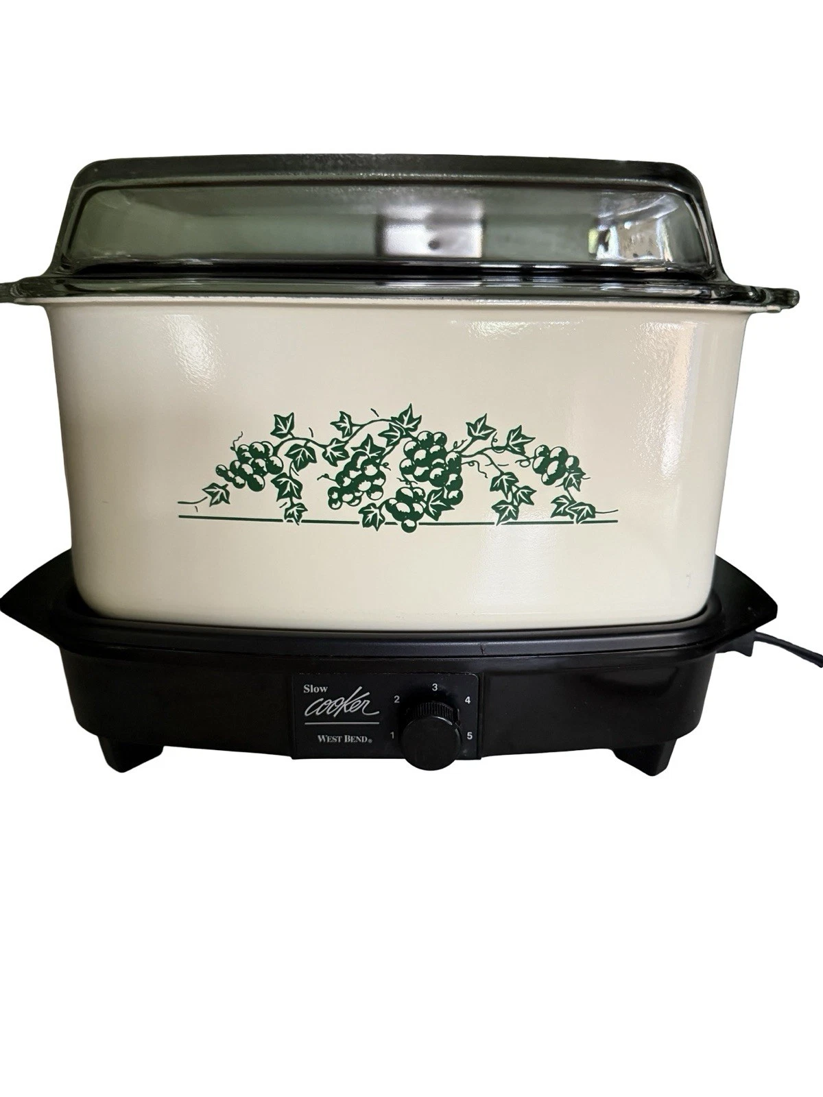 Vintage West Bend Slow Cooker Grape Ivy Enamel Insert Glass Lid-TESTED/WORKS!!!