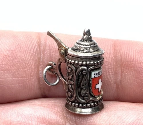 Vintage Signed 800 Silver Enamel Switzerland Hinged Lid Beer Stein Charm