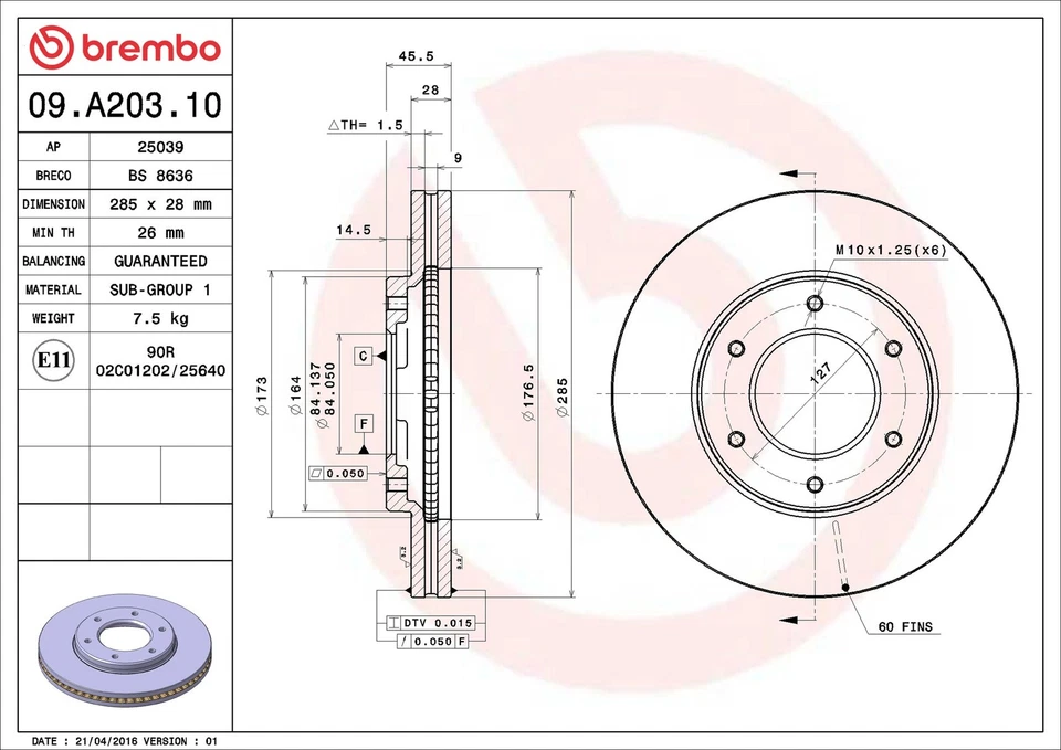 2x Brake Discs Pair Vented fits TOYOTA HI-ACE Mk4 2.7 Front 98 to 06 3RZ-FE Set - Image 3 of 4