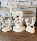 Red Wing Pottery Vignette Set (3) Deer Stag Figurine Dual Candlestick Holder Vtg