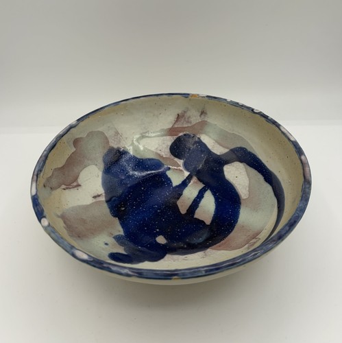 Paul Lenehan Ohio Primitive Blue Tan Drip Splatter Studio Art Pottery Bowl 9"