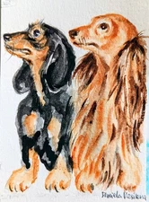 ACEO dachshund puppies,dog Pet art signed painting,home design,pet lover gift
