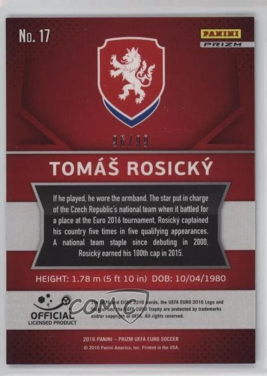 2016 Panini Prizm UEFA Euro Purple Prizm 96/99 Tomas Rosicky #17 - Image 2 of 3