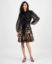 Tahari ASL Petite Women's Tie-Neck Belted Long-Sleeve Dress - Black Multi - 12P