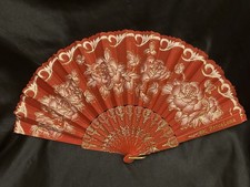 Vintage Barcelona Spain Folding Hand Fan Red Floral Gold 17  Wide Open
