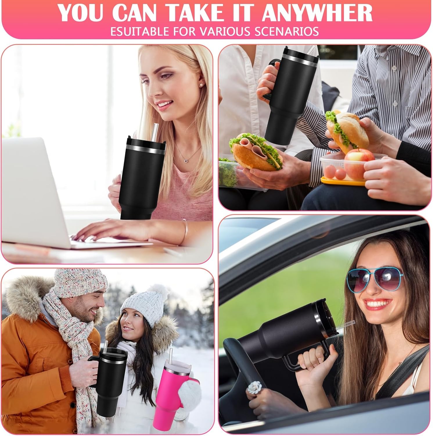 BLACK 40oz Stainless Steel Double Wall Vacuum Insulated Water Bottle with Straw
