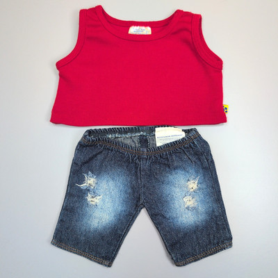 Build A Bear rotes ärmelloses Top und Denim Jeans Outfit im Used-Look
