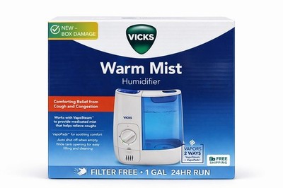 Vicks Warm Mist Humidifier Filter Free 1 Gallon White Blue Tabletop New Open Box