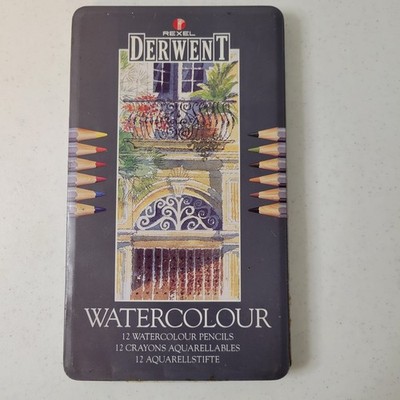 Rexel Derwent Watercolour Pencils Set of 12 with Metal Storage Tin UK Artist Vtg