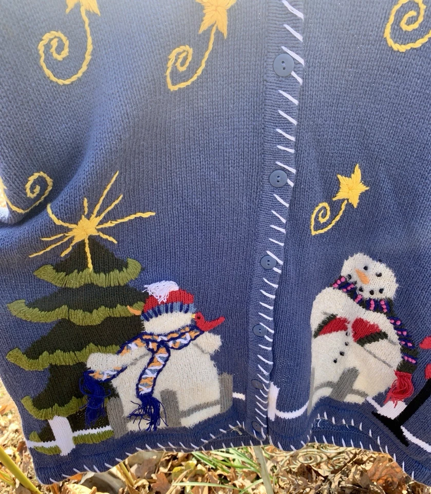 Quacker Factory Vintage Blue Snowmen Cotton Blend Christmas Cardigan Size M - Image 3 of 4
