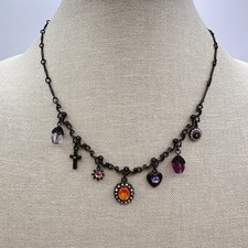 Vintage Y2K Bronze Glass Bead Cross Heart Rhinestone Floral Necklace Jewelry