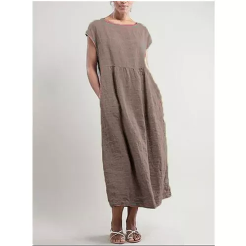 Camicia abito bohémien donna casual estate cotone lino tasca abito MIDI sciolto - Foto 15 di 20