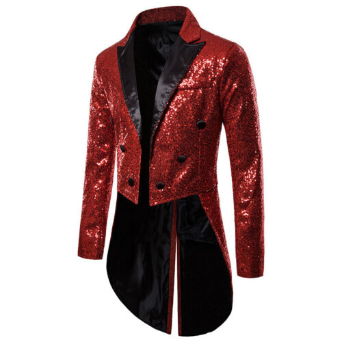 Men Sequin Shiny Swallow-tailed Coat Jacket Suit Blazer Banquet Performance - Picture 8 of 13