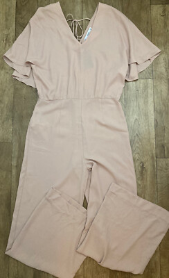 Mango Women's Pink V-Neck Floaty Cape Style Wide Leg Jumpsuit