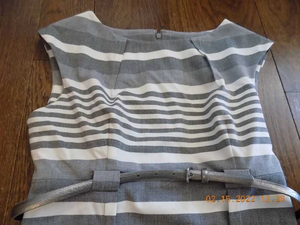 Vestido Dana Buchman Elegante Gris Blanco Rayas Metálico Ajustado Cinturón Dardo Usado en Excelente Condición 6 Foto 2 de 4