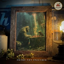 Sasquatch Bigfoot Art Print  UFO Alien Chess Artwork Game Room Wall Decor Gift