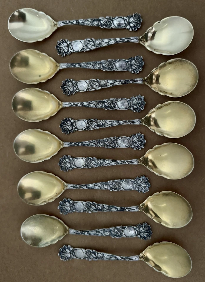 RARO JUEGO DE 13 PIEZAS HELADO HUECO HUECO ALVIN ROSA NUPCIAL 11 3/4” Foto 3 de 4