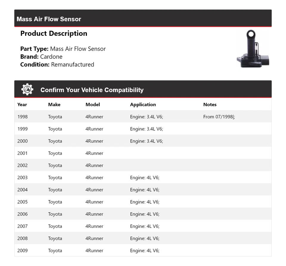 For 1998-2009 Toyota 4Runner Mass Air Flow Sensor Cardone 1999 2000 2001 2002 - Image 2 of 4