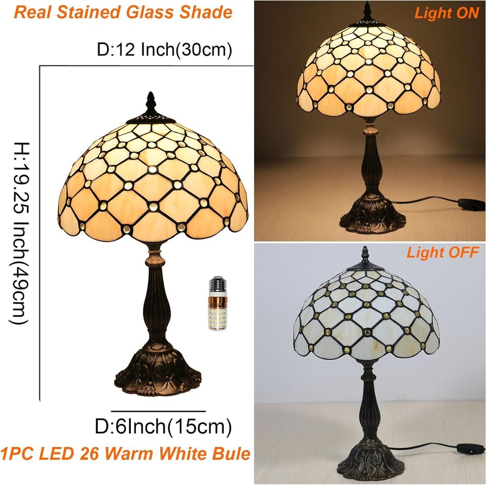 Tiffany Side Table Lamps for Living Room W/LED Bulb White Beads Stained