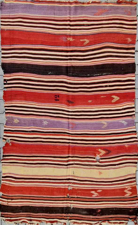 Alfombra antigua del siglo XIX, kilim a rayas, alfombra oriental, alfombra de área 5x8, alfombra tribal 5x8 Foto 2 de 4