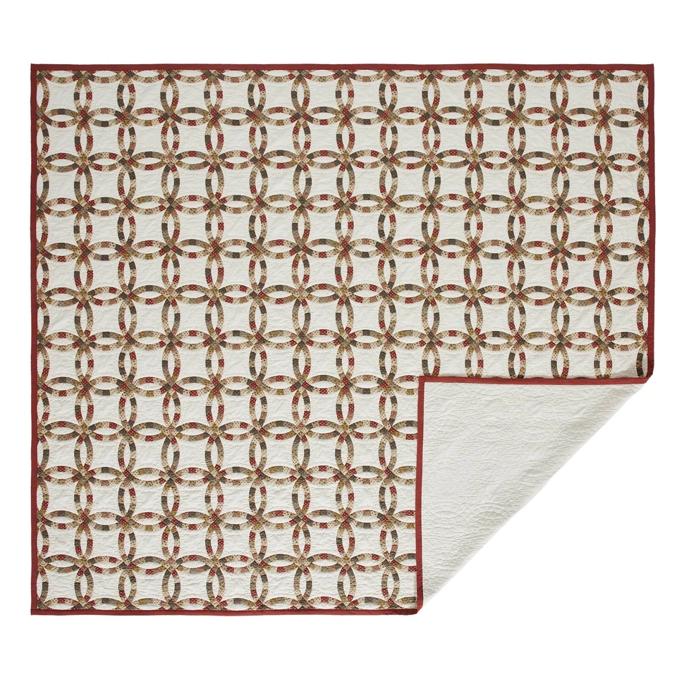 New Primitive Farmhouse Red Mustard WEDDING RING QUILT SET King Blanket Bedding - Image 4 of 4