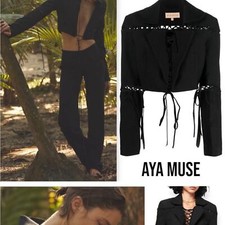 New Aya Muse Sycamore Cropped Blazer Jacket Cut Out Tie Black Size M