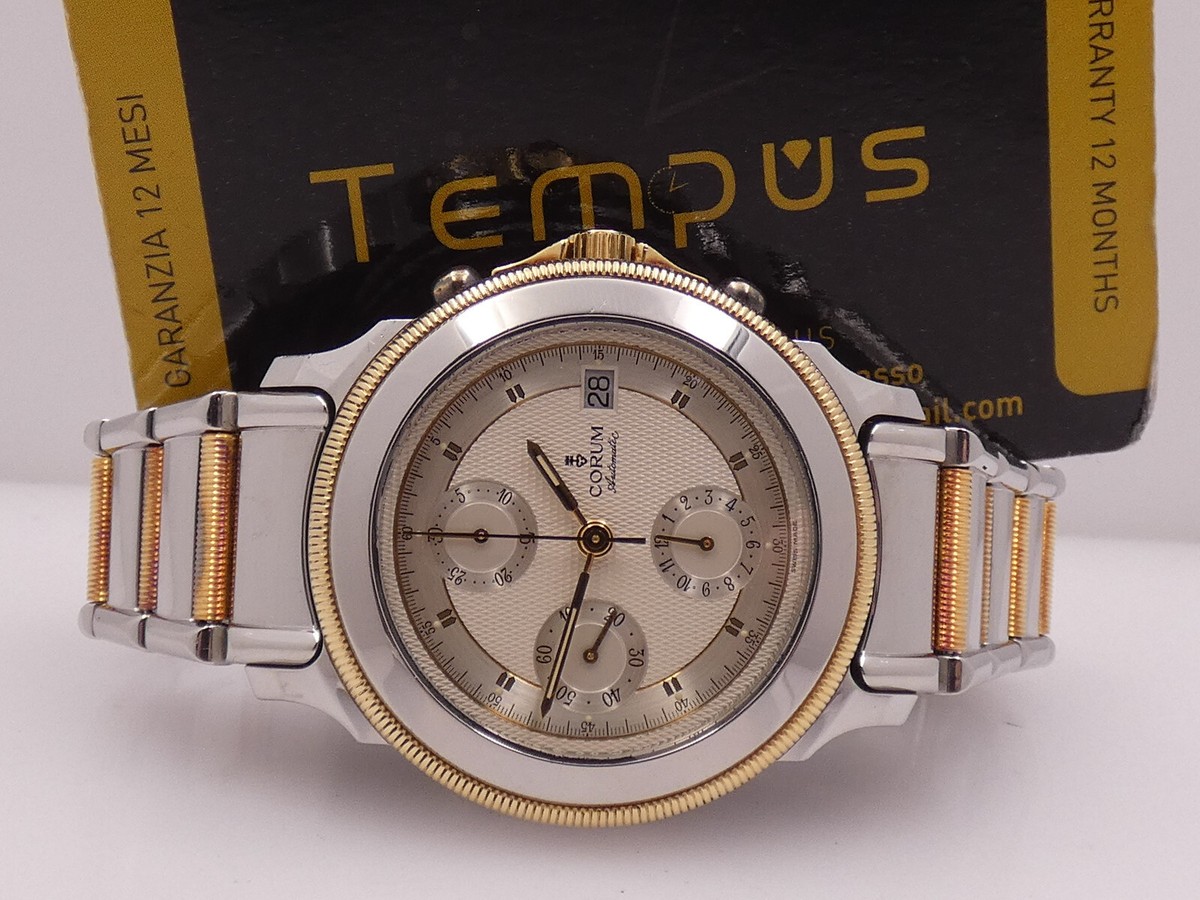 CORUM LES TEMP MECCANIQUE CHRONO 18KT GOLD&STEEL BOX&PAPERS 90S