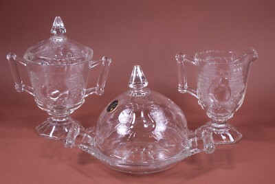 Vtg Jeannette Glass Baltimore Pear Butter Dish Creamer Sugar Set 3Pc Label Clear
