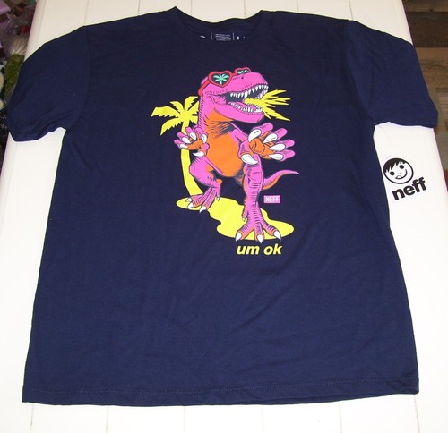 NEFF Youth Navy T REX Dinosaur UM OK Short Sleeve T Shirt L - Picture 2 of 3
