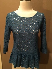 Pim+Larkin S Turquoise Cotton Cottage Core Eyelet Peplum Blouse Top