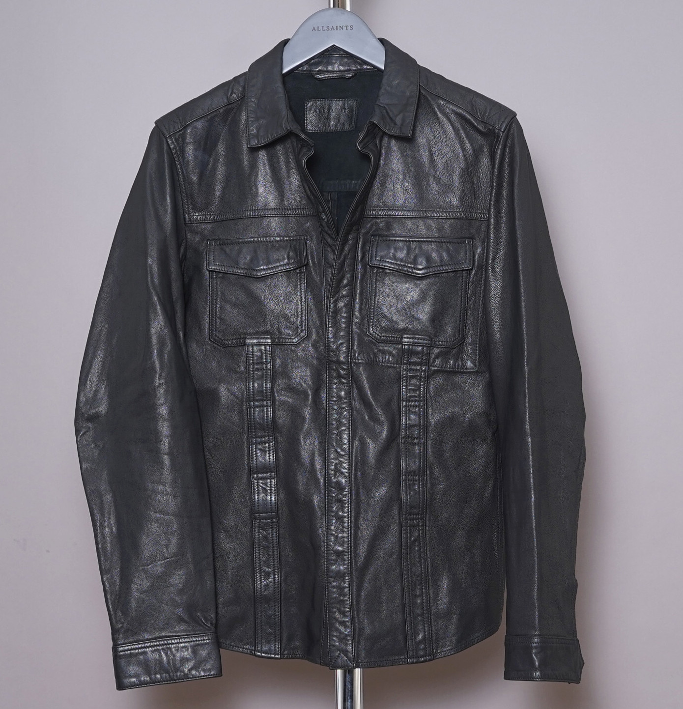 ALL SAINTS Camisa Chaqueta de Cuero MEDIANA Para Hombres Negra Celebridad Lenny Kravitz DANGAN