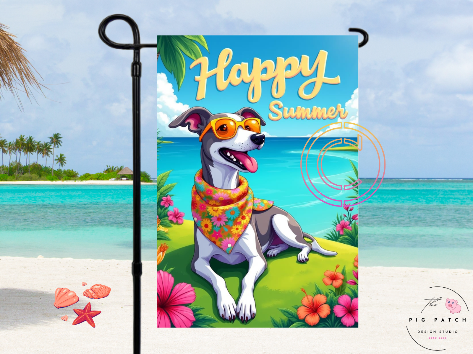 Happy Summer Italian Greyhound Dog Vibrant Yard Art Double Sided Garden Flag