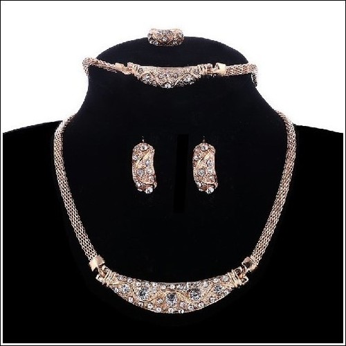 Gold Plated Crystal Necklace Bracelet Earrings Ring Set Wedding Fashion Jewelry - Picture 11 of 13