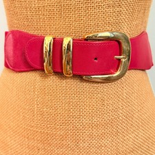 Vintage Taiwan Womens XL Two Inch Red Elastic Belt w/Leather Ends  Brass Buckle