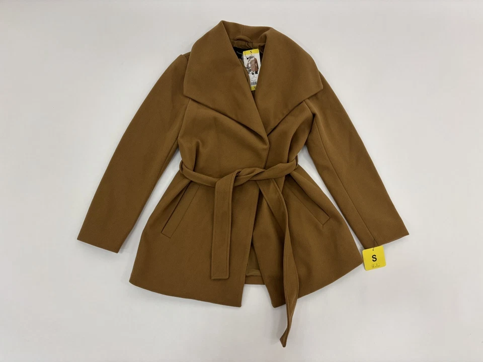 Abrigo para mujer Tahari envolvente de doble cara mezcla de lana tostada cinturón cuello ala talla S nuevo con etiquetas Foto 3 de 4
